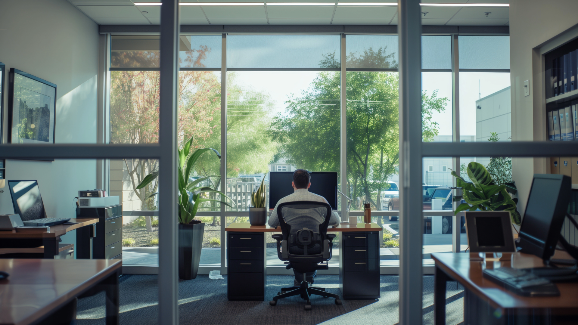 Man working at his computer in a clean office space.